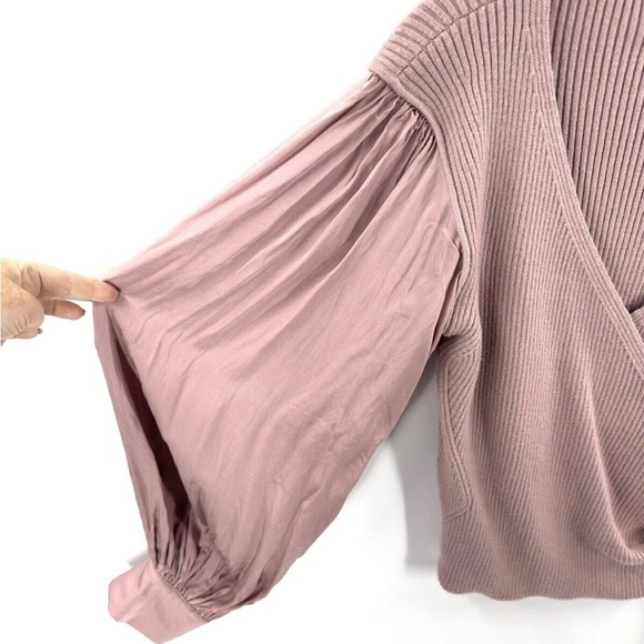 Anthropologie Womens Twofer Faux Wrap Sweater Size Small MauvePuff Sleeve Ribbed - Picture 3 of 12